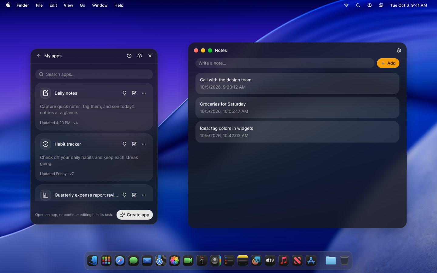 My apps in Atd alongside a Notes app, showing the app launcher and a complete standalone application window.