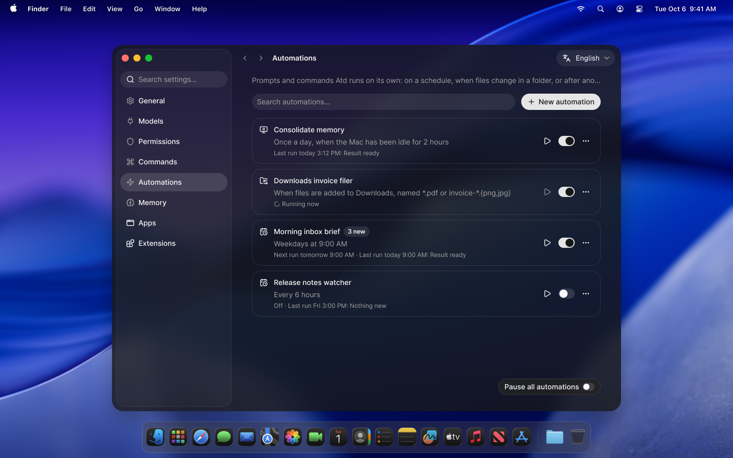 Automations settings showing scheduled tasks, a folder-triggered workflow, memory consolidation, run status and pause controls.