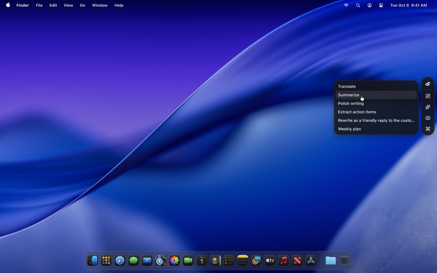 Expanded Mini Panel at the right edge of the desktop, with its saved-command menu open.