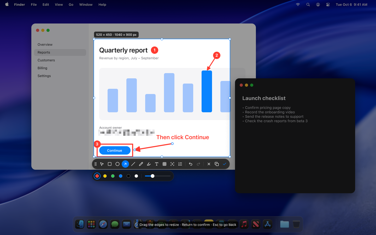 Screenshot selection with resize handles, numbered annotations, arrows and mosaic, plus the capture toolbar and color controls.